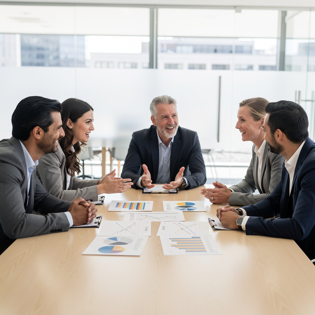Diverse group of researchers discussing data charts in a meeting room