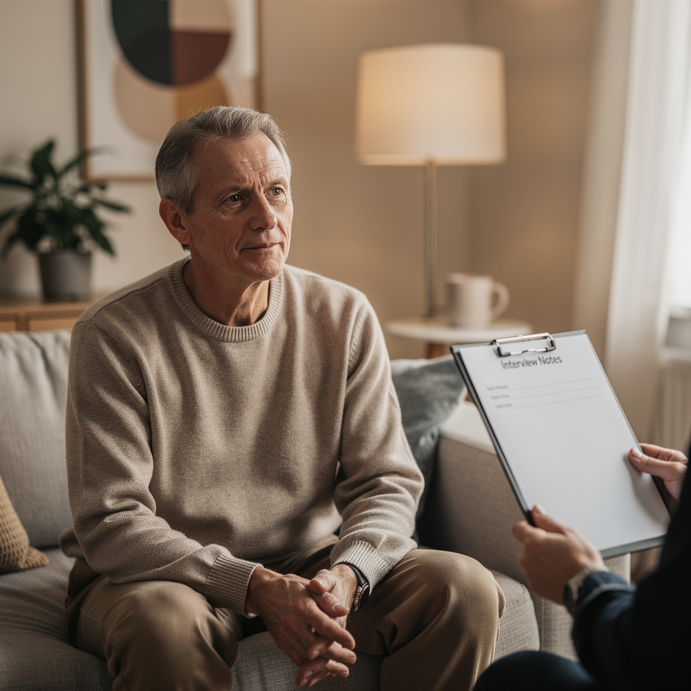 Senior man being interviewed by a researcher with a clipboard