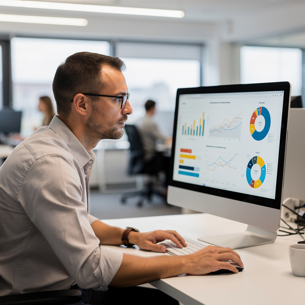 Data analyst reviewing statistics on a computer screen